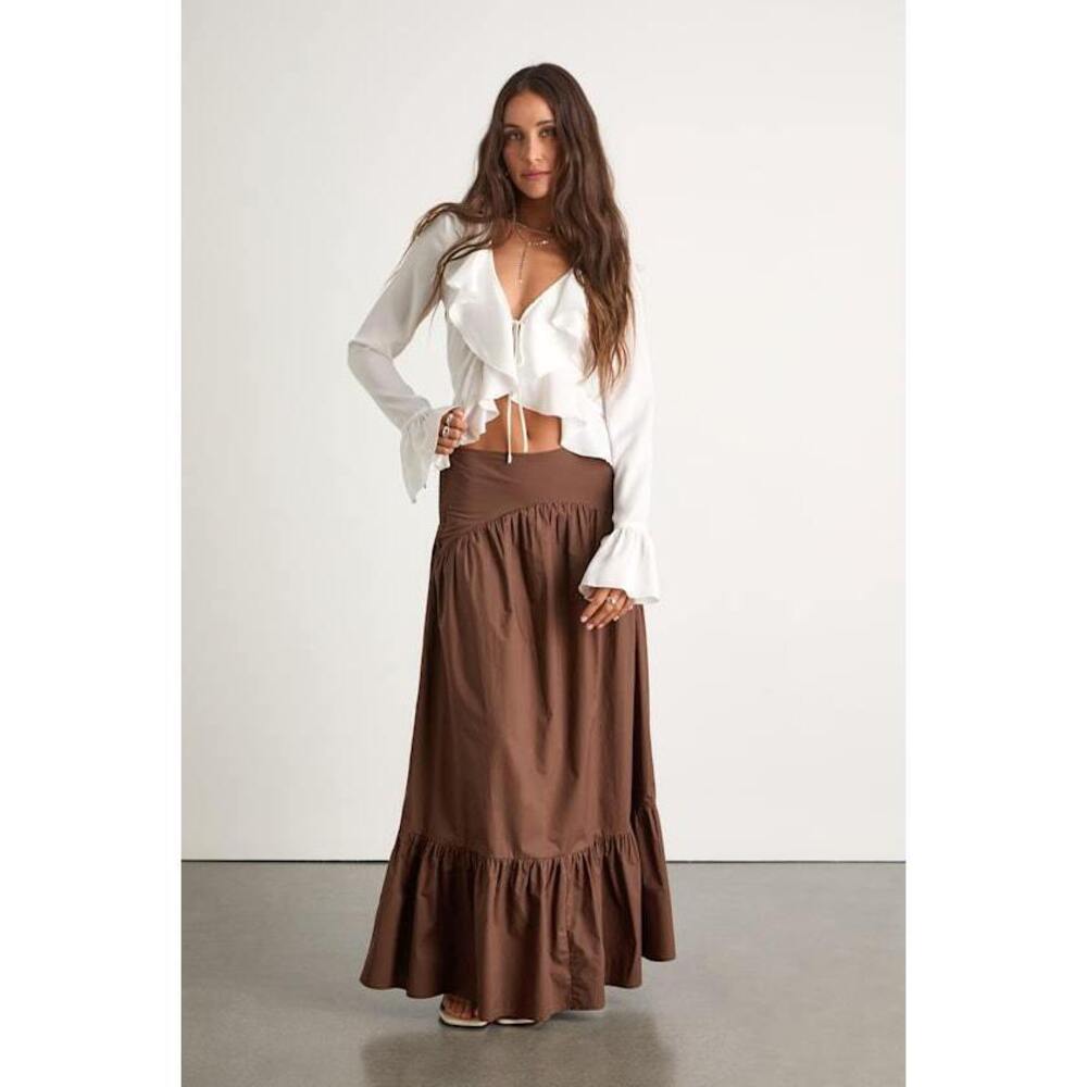 Lulus Juniper Dark Brown Cotton Mid-rise Maxi Skirt - Size XS